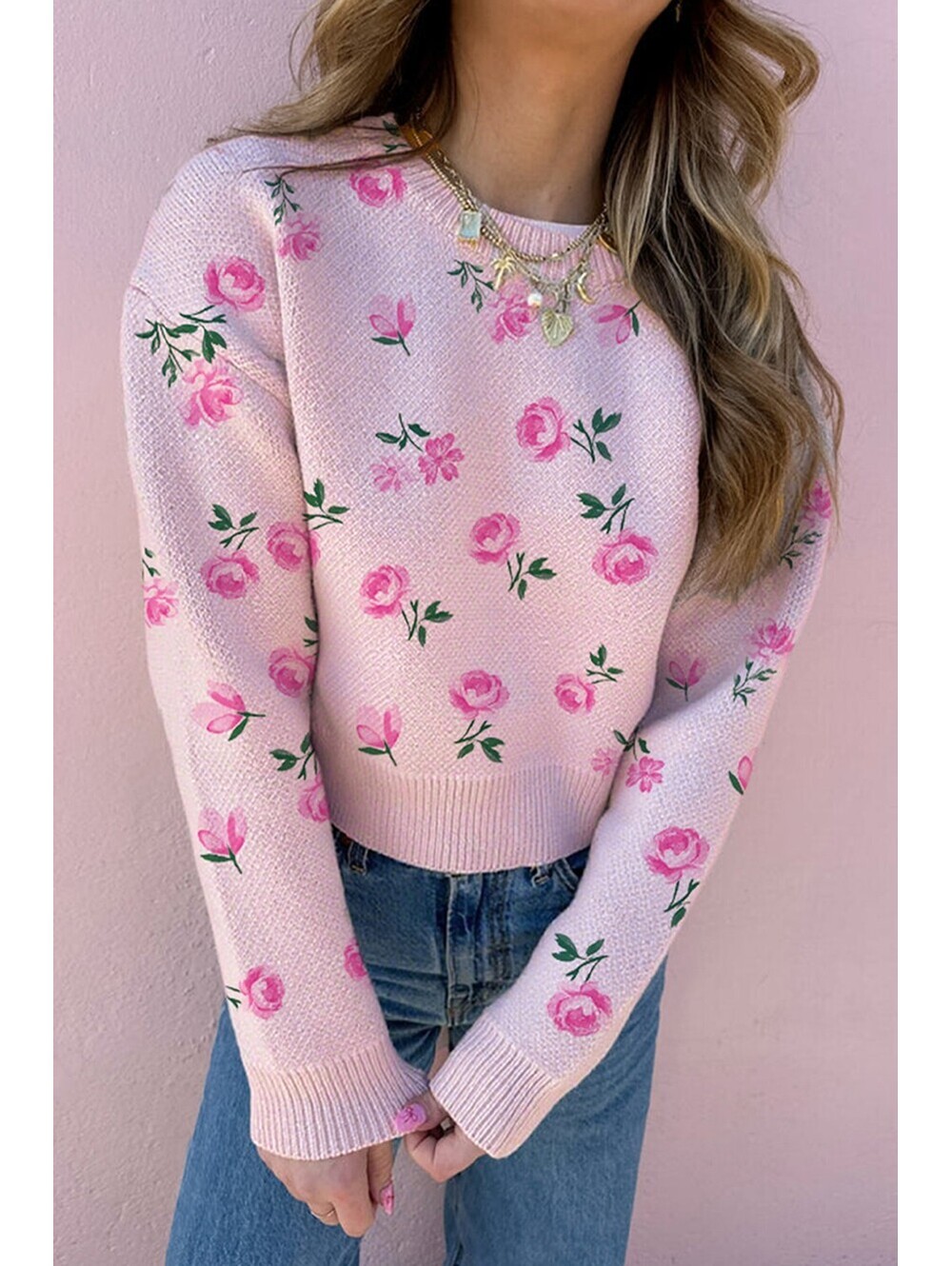 Pink Floral Pattern Pullover Sweater for Women
